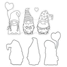 three gnomes cut out from paper with hearts