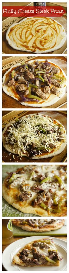 four different types of pizzas with cheese and meat on them