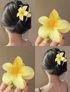 four pictures of a woman with flowers in her hair