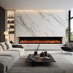 a modern living room with a large fireplace