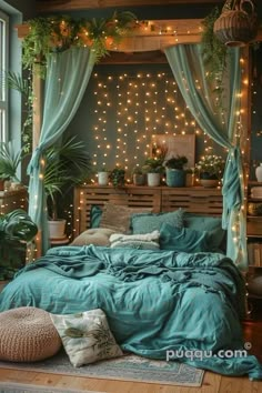 a bed room with a neatly made bed and lots of lights