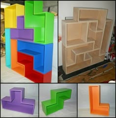 four different colored shelves are shown with the bottom one being made out of plywood