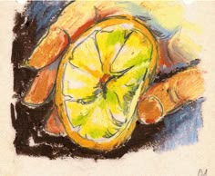 a drawing of an orange being held by someone's hand with the other hand