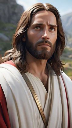 the face of jesus with long hair and beard wearing a white robe, standing in front of mountains