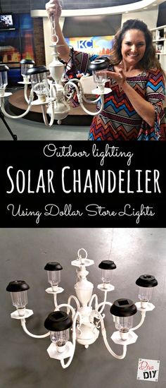 a woman standing in front of a chandelier with lights on it and the caption reads, citizen lighting solar chandler using dollar stone lights