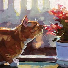 a painting of a cat sitting on a window sill next to a potted plant