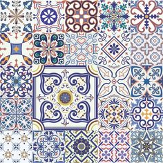 an assortment of different colored and patterned tile designs on a white background, with one blue square in the center