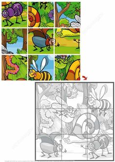 an insect game with four different pictures and the same one is drawn in black and white