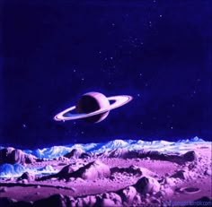 an artist's rendering of saturn and its moon in the distance, with mountains around it