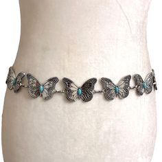 Statement Belt Whimsical Boho Butterfly Chain Belt Ancient Silver Toned Turquoise Beads Total Length Aprox 43" Party Turquoise Jewelry With Silver Beads, Blue Jewelry With Silver Beads For Summer, Turquoise Summer Party Jewelry, Summer Silver Beaded Jewelry, Summer Party Jewelry With Silver Beads, Butterfly Chain Belt, Butterfly Belt, Butterfly Chain, Boho Butterfly