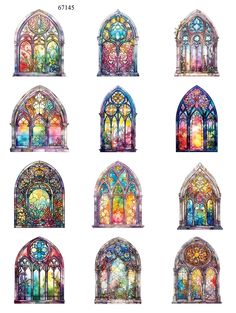 six different types of stained glass windows in various styles and colors, all with the same design