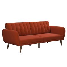 an orange couch with wooden legs on a white background