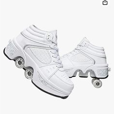 two white roller skates with wheels on the bottom and one in the middle, against a white background