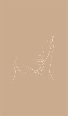 a drawing of a woman's face with her hand up to her chin, in front of a beige background