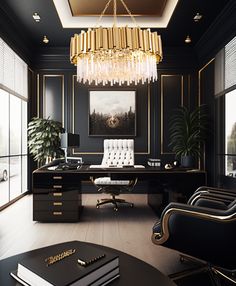 an office with black walls, gold trimmings and a chandelier hanging from the ceiling