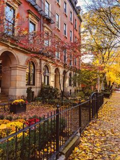 an autumn scene with leaves on the ground and buildings in the background, including a wrought iron fence