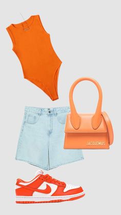 an orange shirt, shorts and handbag are arranged on top of eachother