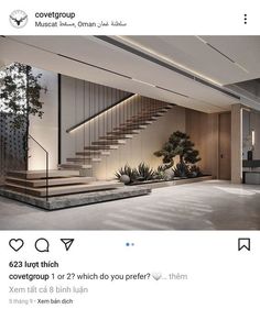 an image of a room with stairs and plants on the floor in front of it