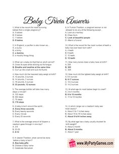 the baby trivia answers are shown in this printable question sheet for parents to ask