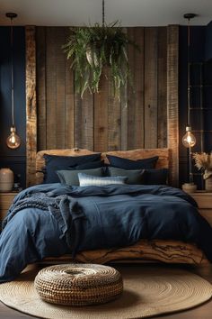 19 Best Earthy Modern Bedroom Ideas For A Cozy Retreat Master Bedrooms Earthy, Bedroom With Earth Tones, Navy Blue Bedrooms Ideas, Rustic Modern Bedroom Master Suite Ideas, Mountain House Master Bed, Whimsical Cabin Interior, Oxblood Bedroom, Outdoorsy Bedroom Ideas, Earthy Bedroom Design