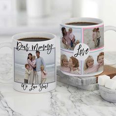 two coffee mugs sitting on top of a marble counter