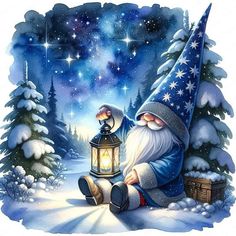 a painting of a santa clause sitting in the snow next to a lantern with stars on it