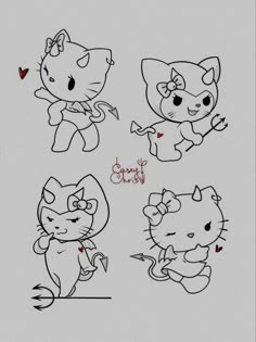 four different kinds of cartoon cats with hearts on their chest and tails, all in various poses