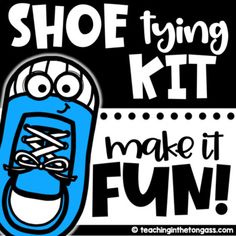 the shoe tying kit is blue and has an image of a pair of shoes on it