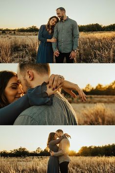 a man and woman standing in a field with their arms around each other as the sun sets behind them