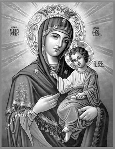 the virgin mary and child jesus in black and white, with sunburst above