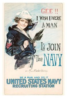 an old navy poster with a woman holding a knife and wearing a sailor's uniform