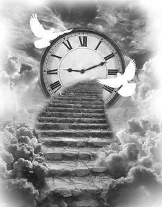 a stairway leading to a clock with two doves on it and clouds in the background