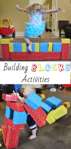 two children are playing with blocks in the living room and on top of each other