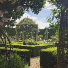 the garden is surrounded by hedges and trees