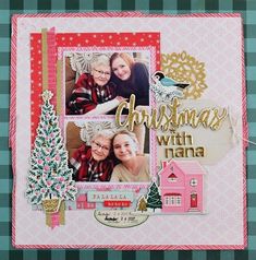 a christmas card with an image of two women and a tree in the center, on a checkered tablecloth background