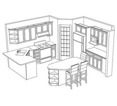 a line drawing of a kitchen and dining area with chairs, counter tops, cabinets, and an island