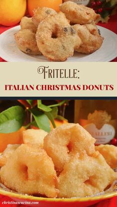 two pictures with different types of doughnuts on them and the words frittele italian christmas donuts