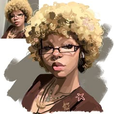 a digital painting of a woman with curly hair and eyeglasses on her face