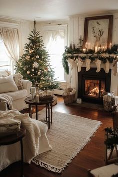 a living room filled with furniture and a fire place next to a christmas tree in front of a fireplace