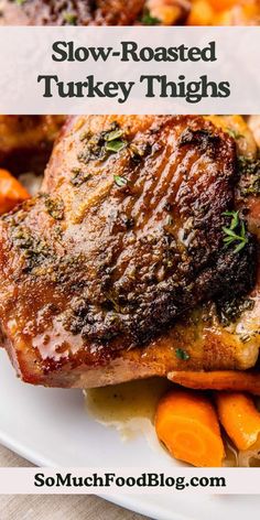 These easy Slow-Roasted Turkey Thighs are perfect for a low-key Thanksgiving dinner. They’re made in one pan and slathered with the most delicious garlic-herb butter. Roast Turkey Legs And Thighs, Roasted Turkey Thighs In Oven, Turkey Legs And Thighs In Oven, Crockpot Turkey Thighs, Turkey Thigh Recipes Oven, Turkey Thigh Recipes Slow Cooker, Turkey Thighs Crockpot, Turkey Thighs Recipe, Roast Turkey Thighs