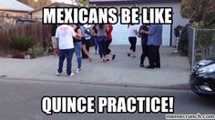 a group of people standing in front of a house with the caption mexicans be like quince practice