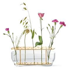 some flowers are in a glass vase on a shelf