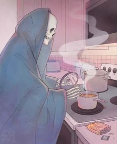 a person in a blue robe cooking food on a stove top with a skull head sticking out of the hood