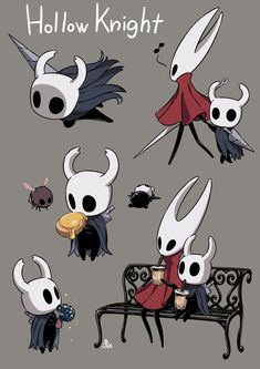 some kind of cartoon character sitting on a bench with other characters around them and the text, hollow knight