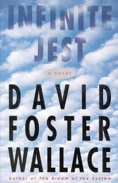 the cover of infinite foot into lies by david foster wallace, with clouds in the background