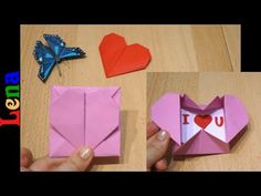 origami heart and love note displayed on wooden table with butterfly, paper craft