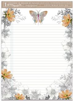 a notepad with flowers and a butterfly on the front, in grey and white