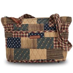 a brown and blue patchwork purse on a white background