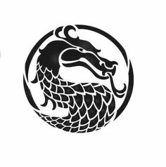 two black and white images of dragon heads in a circle, one with an open mouth