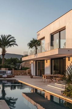 a house with a swimming pool in front of it